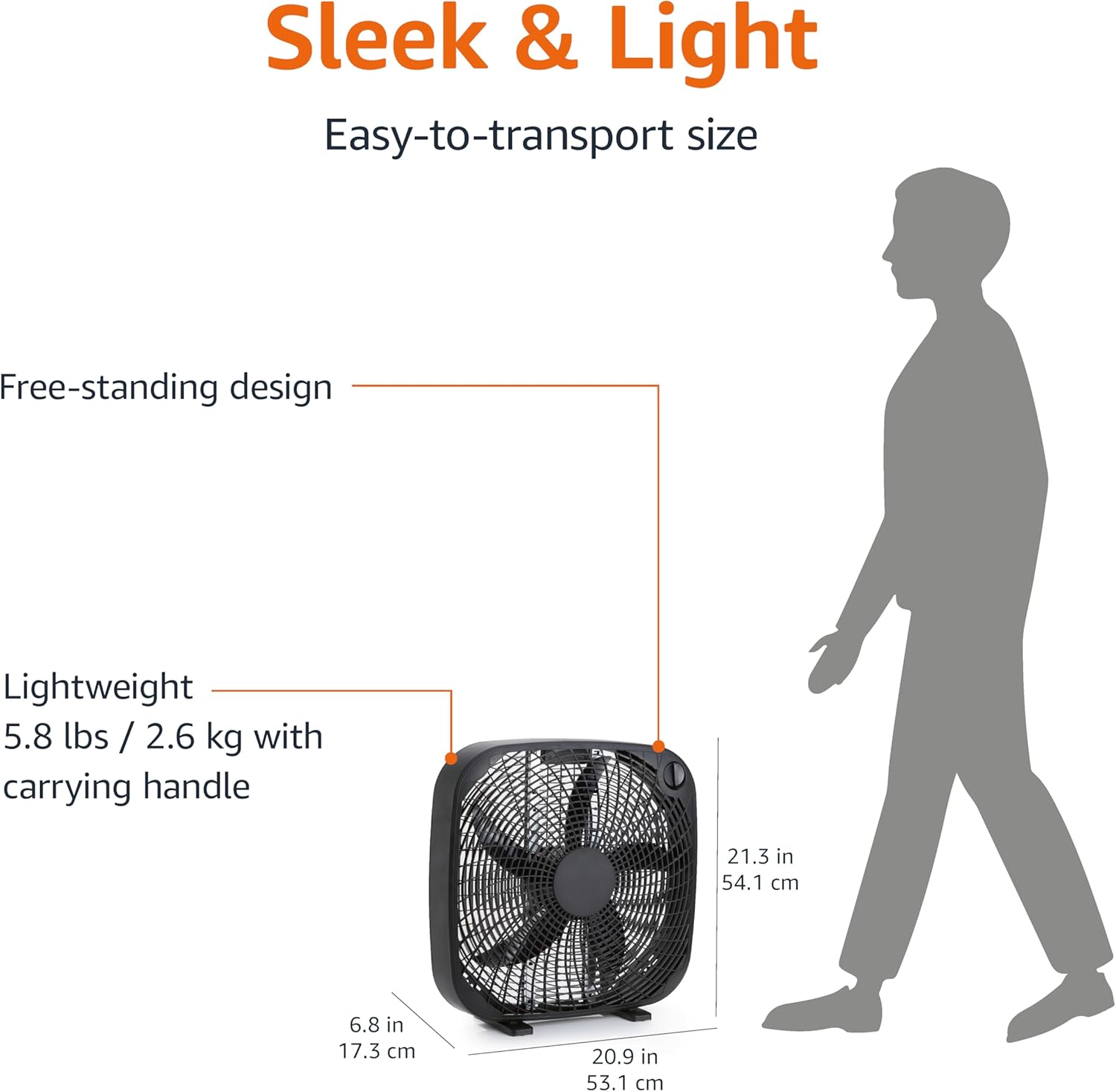 3 Speed Box Fan, Indoor Electric Fan for Home Cooling, 5 Blades, Lightweight Design, 67 Watts, 20-Inch, Black, 6.8