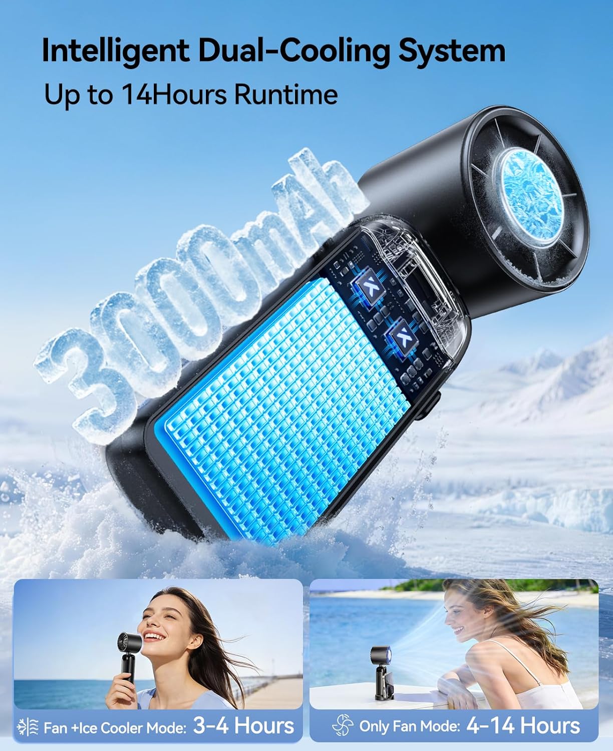 Handheld Portable Turbo Fan with Ice Cooler, Powerful 21000 RPM, Speed (1-199), Up To 14Hrs Cooling, Rechargeable Personal Fan, Small Pocket Hand Fans for Travel/Outdoor/Home/Office (Purple)