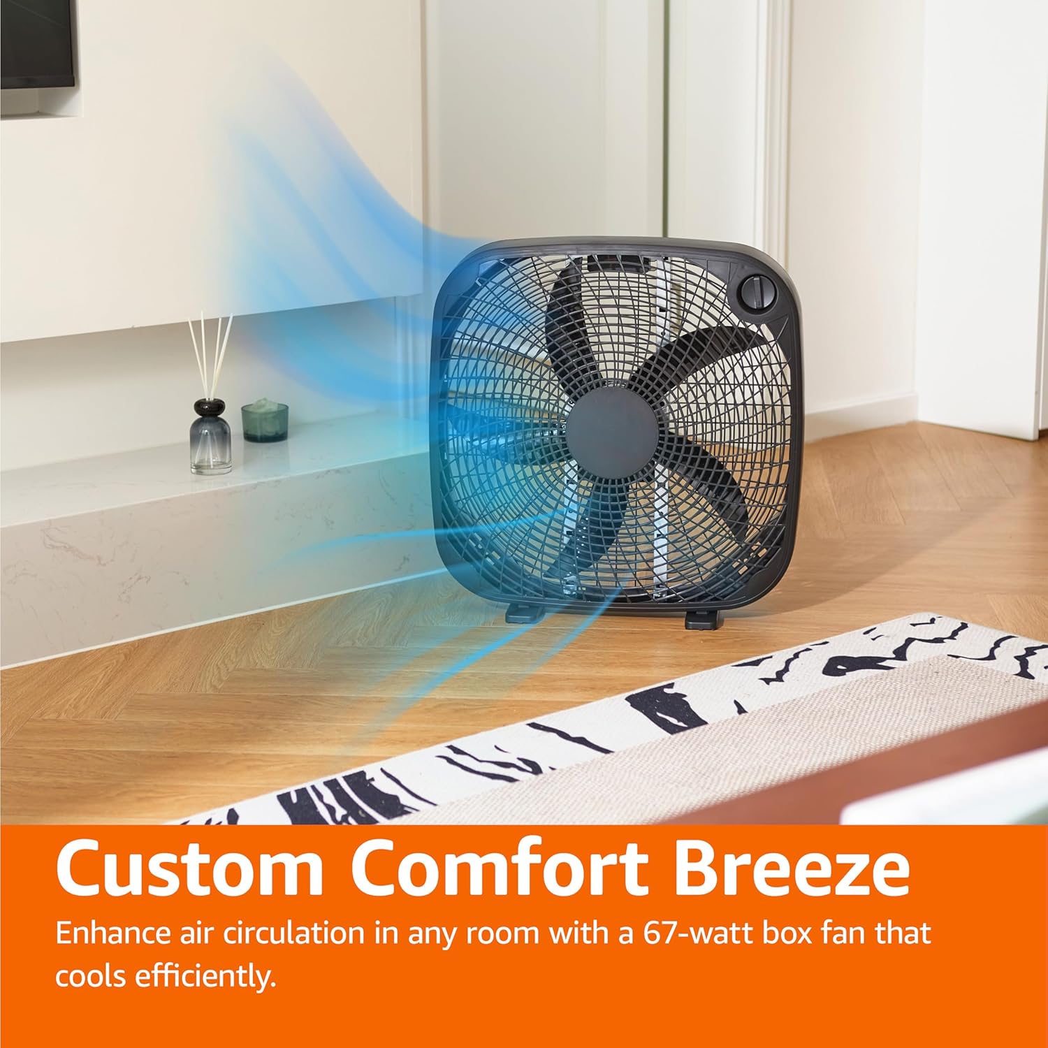 3 Speed Box Fan, Indoor Electric Fan for Home Cooling, 5 Blades, Lightweight Design, 67 Watts, 20-Inch, Black, 6.8