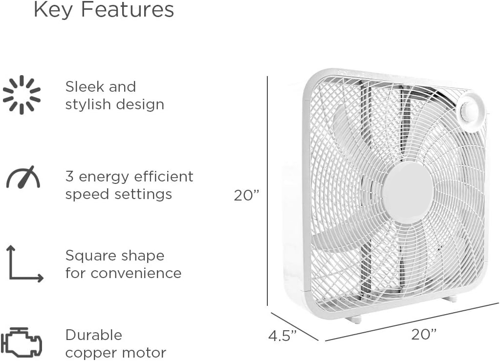 Box Fan, 3 Settings, Max Cooling Technology, Carry Handle, White