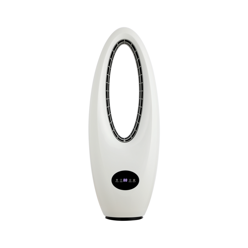 Modern bladeless tower fan in a bedroom setting